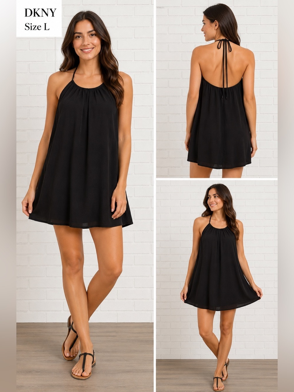 DKNY women black casual summer style halter coastal mini dress /size L
